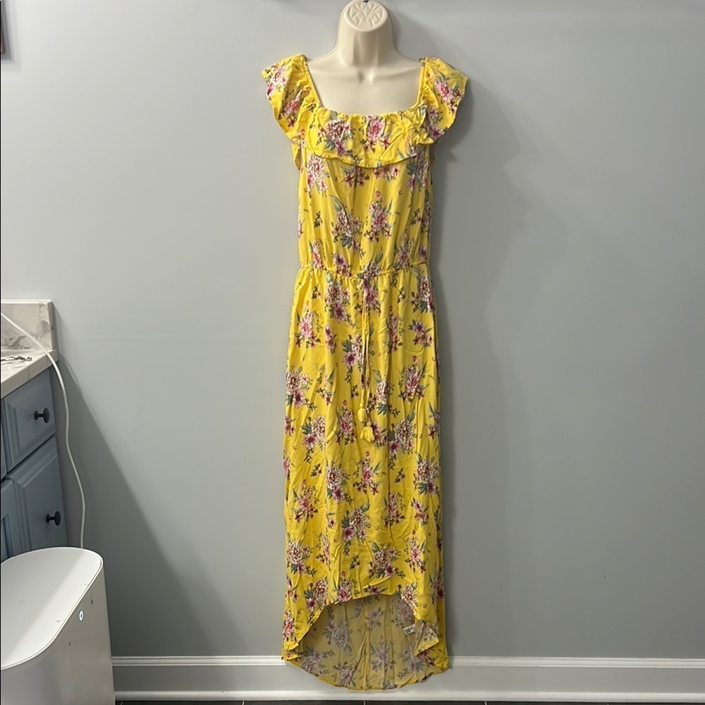 Kingston Grey Yellow & Pink Floral High Low Hem Ruffle Off the Shoulder Dress L - Picture 2 of 7